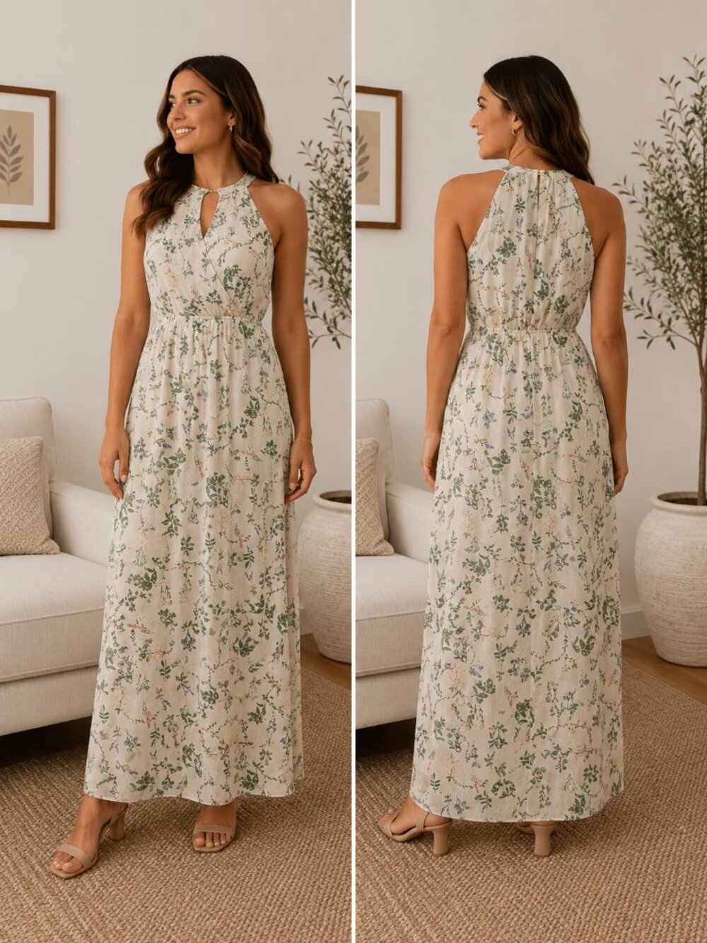Herbarium botanical maxi dress halter keyhole ivory cream cottagecore fairycore